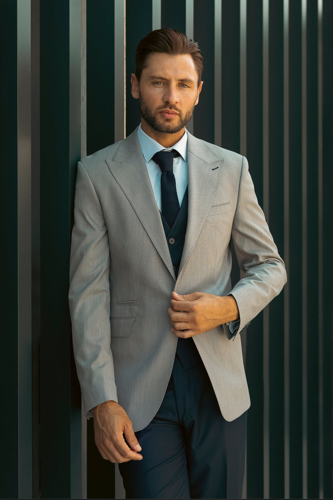 PERCY - Grey & Blue Semi Plain Suit Jacket / Blazer with Peak Lapel - Jack Martin Menswear