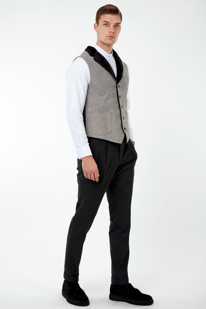 MAX - Black & White Herringbone Tweed-Look Waistcoat with Faux Fur - Jack Martin Menswear